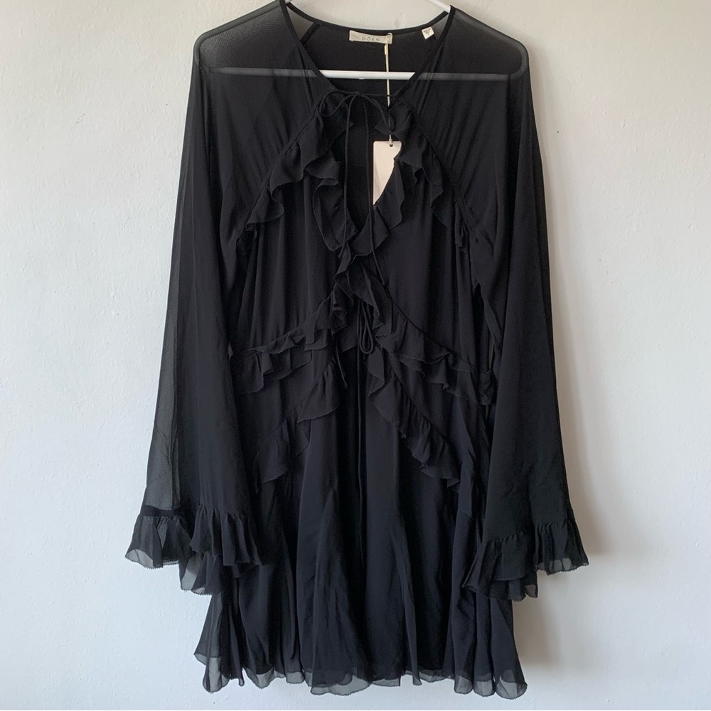 NWT Doen Clarisse Silk Ruffle Flowy Sheer Long Sleeve Mini Dress Black - Picture 8 of 15